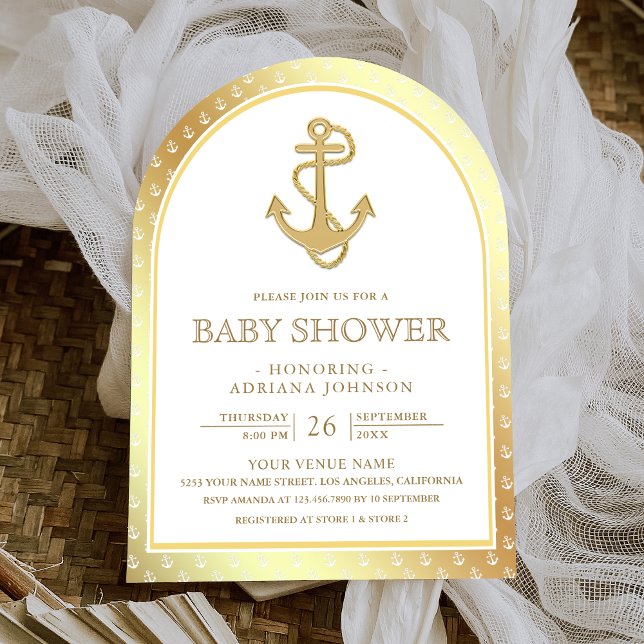 Nautical White and Gold Anchor Arch Baby Shower Invitation (Creator Uploaded)