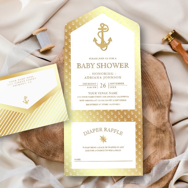 Nautical White and Gold Anchor Baby Shower All In One Invitation (Creator Uploaded)