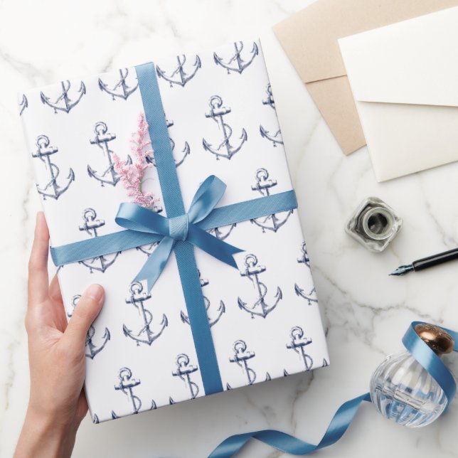 Nautical White and Navy Blue Sketch Anchor Pattern Wrapping Paper (Gifting)