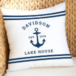 Nautical White and Navy Custom Family Lake House Cushion<br><div class="desc">Nautical fleece "Lake House" throw pillow features a coastal style boat anchor and stripes design. Personalise the custom text with a family last name   lake house (or other title) with the year established. Classic white and navy blue (can be modified) colour scheme. Indoor and outdoor pillow fabrics available.</div>