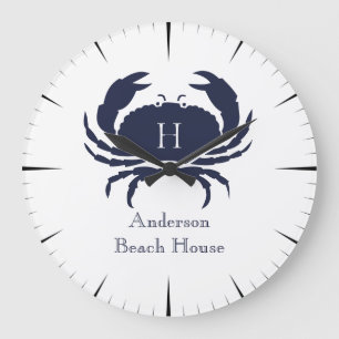 Nautical White Crab Navy blue Coastal Monogram Lar Large Clock