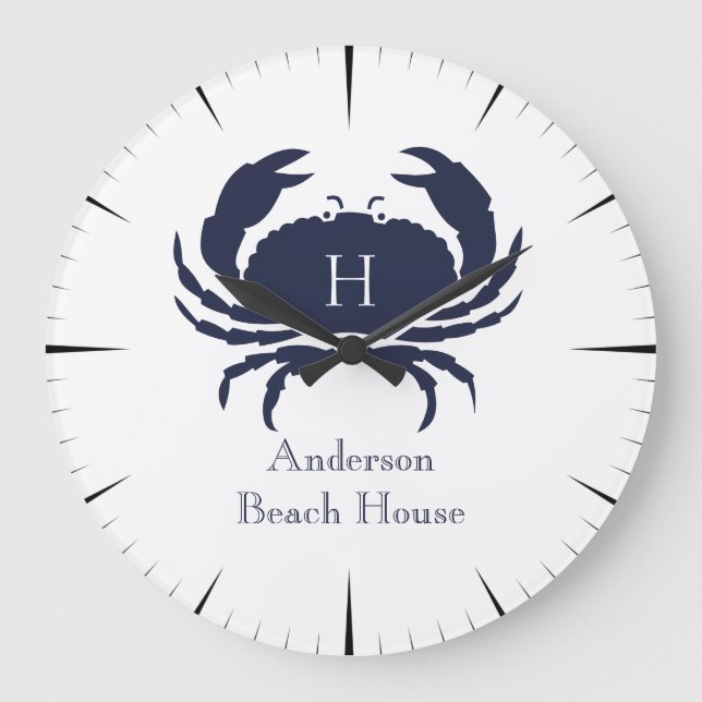 Nautical White Crab Navy blue Coastal Monogram Lar Large Clock (Front)