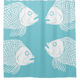 Nautical White Fish Heads & Blue Shower Curtain