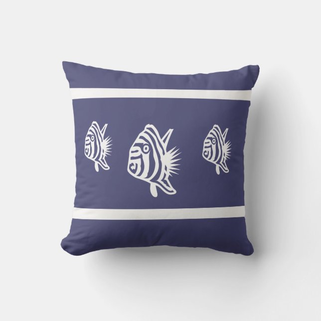 Nautical white fish  on navy blue coastal living cushion (Front)