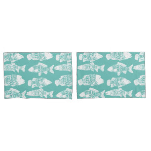 Nautical White Floral Patterned Fish Pillowcase
