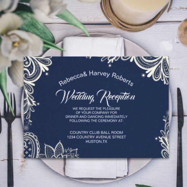 nautical white lace navy blue wedding reception invitation (nautical white lace navy blue wedding reception invitation)