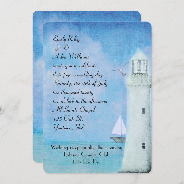 Nautical White Lighthouse and sailboat wedding Invitation (Front/Back)