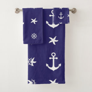 Nautical White Marine Elements on Navy Blue   Bath Towel Set
