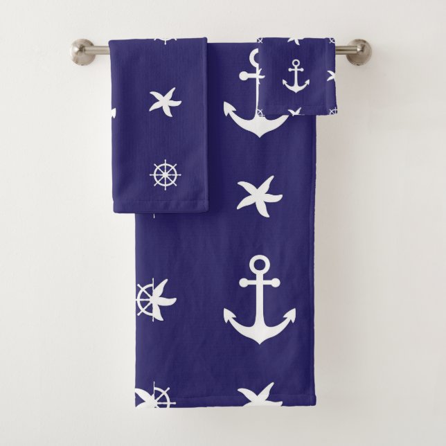 Nautical White Marine Elements on Navy Blue   Bath Towel Set (Insitu)
