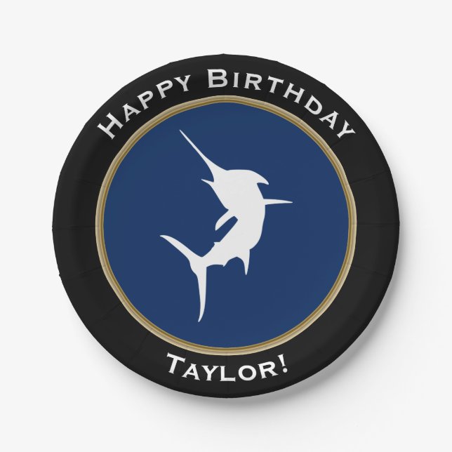 Nautical White Marlin Happy Birthday with Name Paper Plate (Front)