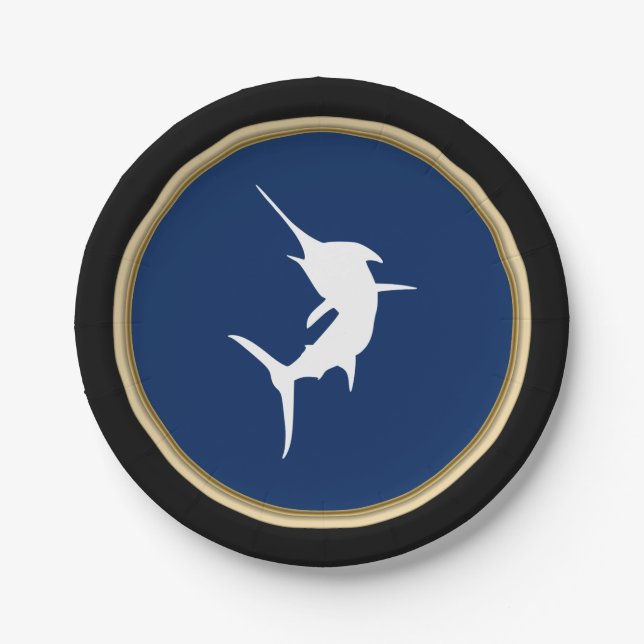 Nautical White Marlin Silhouette on Dark Blue Paper Plate (Front)