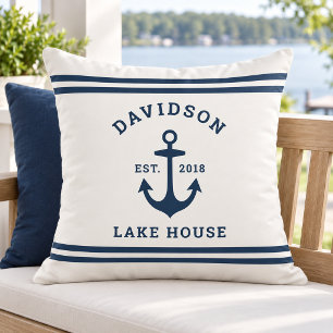 Nautical White Navy Anchor Lake House Family Cushion