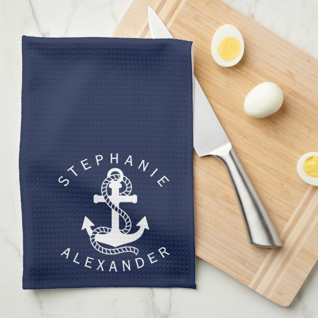 Nautical White Navy Blue Anchor {pick your colour} Tea Towel (Quarter Fold)