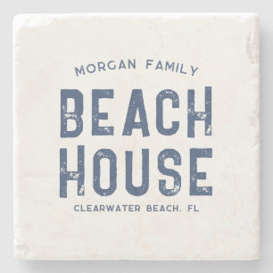 Nautical White Navy Blue Family Name Beach House Stone Coaster