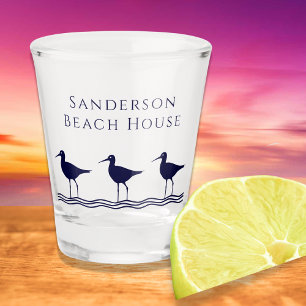 Nautical White Navy Blue Sandpipers beach house Shot Glass