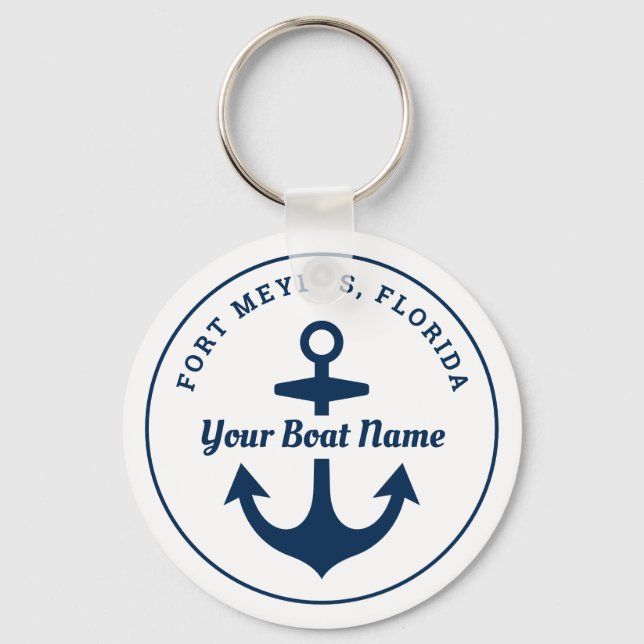 Nautical White Navy Personalised Boat Name Anchor Key Ring (Front)
