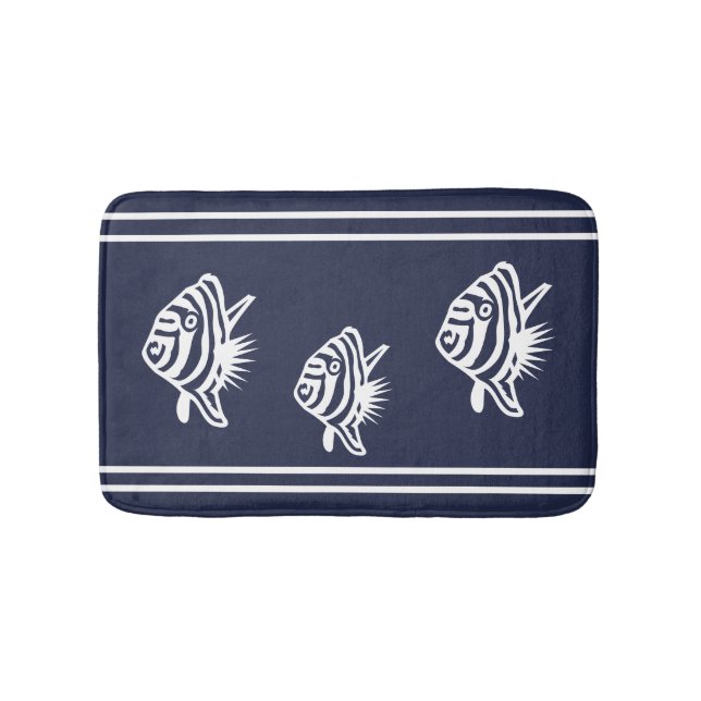 Nautical White on Navy  Angelfish Fish Coastal Bath Mat (Front)