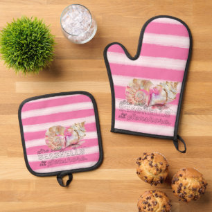 Nautical White Pink Stripes Gold Shells Oven Mitt & Pot Holder Set