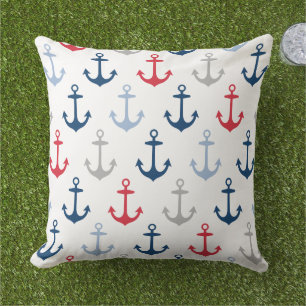 Nautical White Red Navy Anchor Pattern Cushion