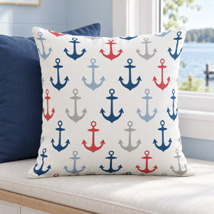 Nautical White Red Navy Anchor Pattern Cushion