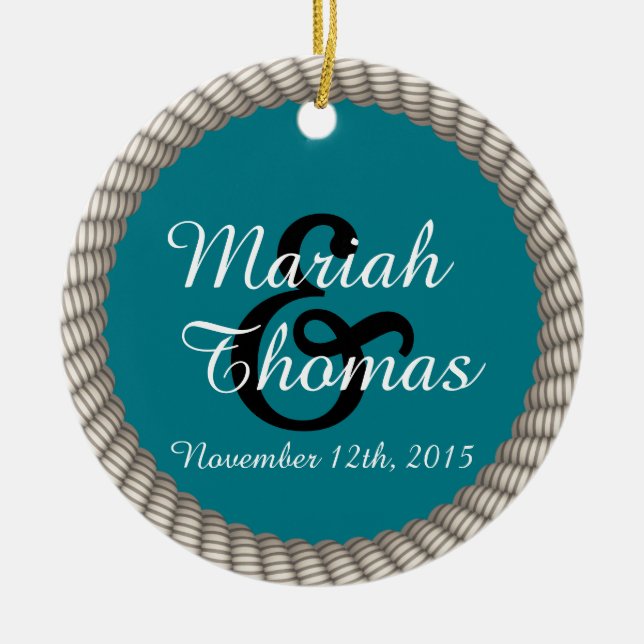 Nautical White Rope and Anchor Monogram Ceramic Ornament (Front)