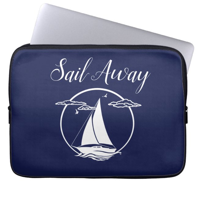 Nautical white sail boat/sail away / silhouette laptop sleeve (Front)
