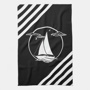Nautical white sail boat/seagull/sunset silhouette tea towel