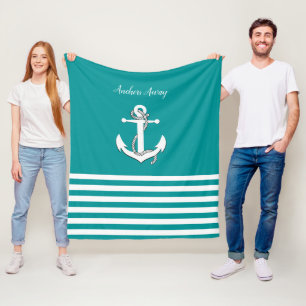Nautical white sailboat/anchor away/aqua blue fleece blanket