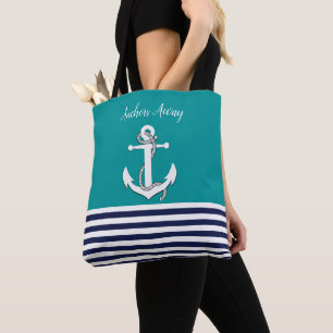 Nautical white sailboat/anchor away/navy/aqua blue tote bag