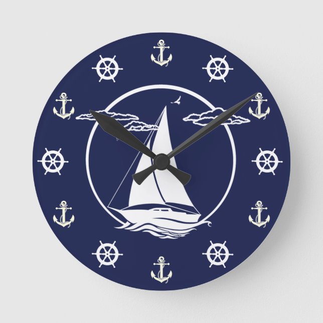 Nautical white sailboat/anchor/wheel silhouette round clock (Front)
