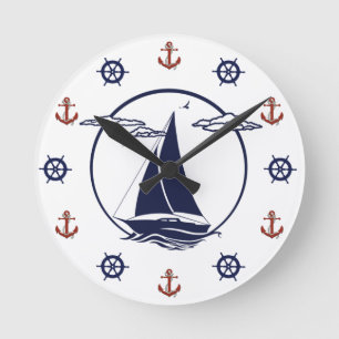 Nautical white  sailboat/anchor/wheel silhouette round clock