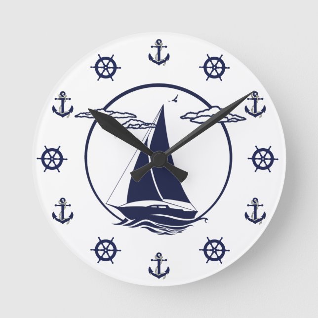 Nautical white sailboat/anchor/wheel silhouette round clock (Front)