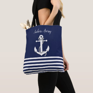 Nautical white sailboat/anchors away/navy blue tote bag