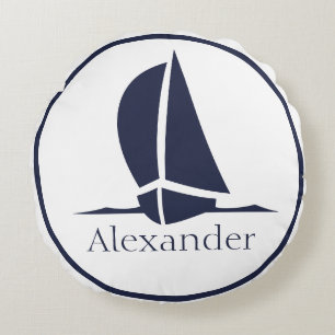 Nautical White sailboat Navy blue Coastal Monogram Round Cushion