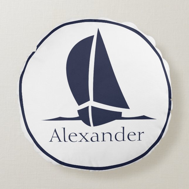 Nautical White sailboat Navy blue Coastal Monogram Round Cushion (Front)