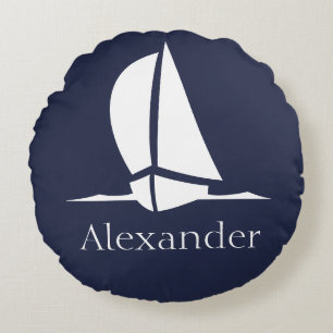 Nautical White sailboat Navy blue Coastal Monogram Round Cushion