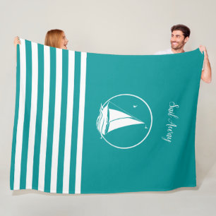 Nautical white sailboat/sail away/aqua blue fleece blanket