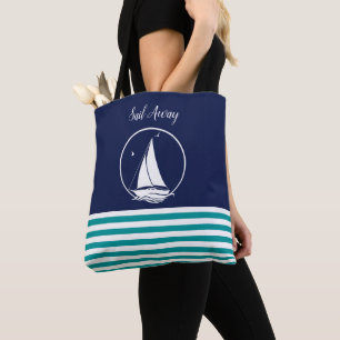 Nautical white sailboat/sail away/navy/aqua blue tote bag