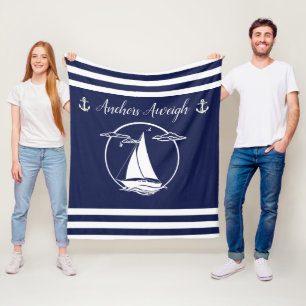 Nautical white sailboat silhouette/anchors aweigh fleece blanket
