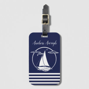 Nautical white sailboat silhouette/anchors aweigh luggage tag