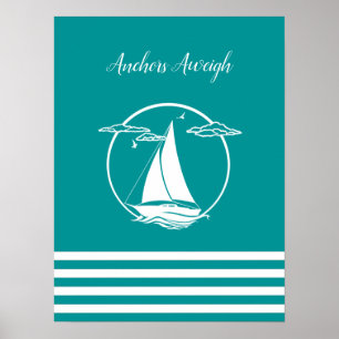 Nautical white sailboat silhouette/anchors aweigh poster