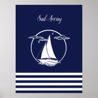 Nautical white sailboat silhouette/sail away/navy