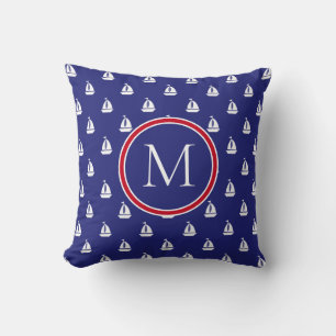 Nautical White Sailboats on Navy Blue Monogram Cushion