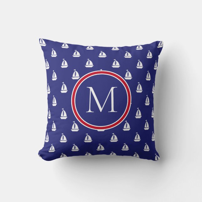 Nautical White Sailboats on Navy Blue Monogram Cushion (Front)