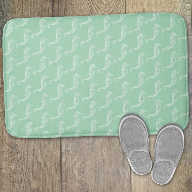 Nautical White Seahorse Skeleton Pattern Green Bath Mat (Creator Uploaded)