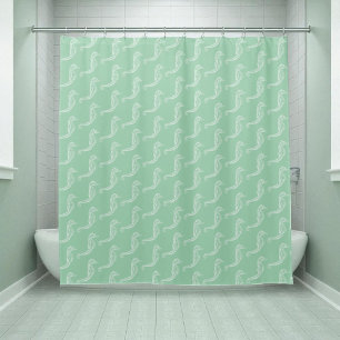 Nautical White Seahorse Skeleton Pattern Green Shower Curtain