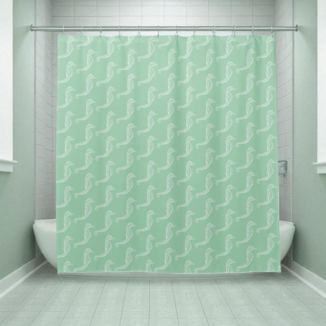Nautical White Seahorse Skeleton Pattern Green Shower Curtain (shower curtain display in full)