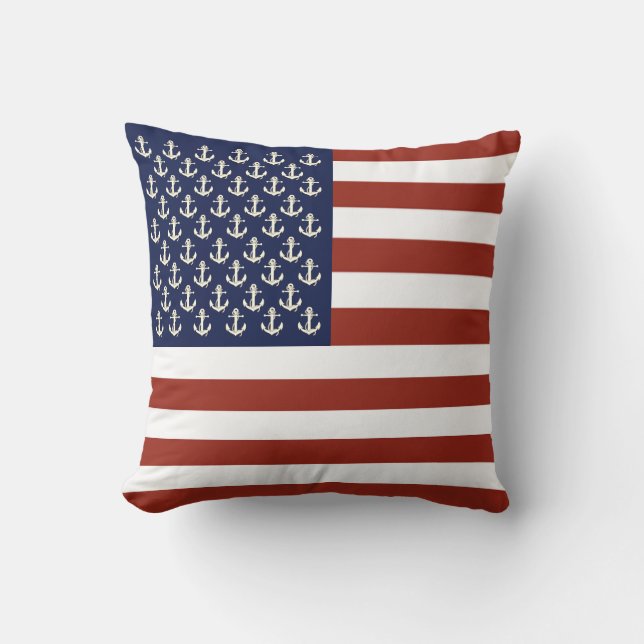Nautical white ship anchor/American flag stripe Th Cushion (Front)