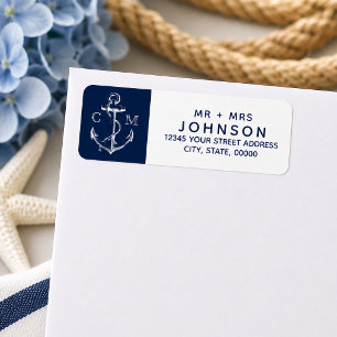 Nautical White Sketch Anchor Navy Monogram Return Address Label