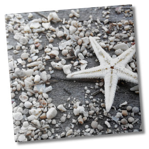 Nautical White Starfish Gray Beach Sand Ceramic Tile